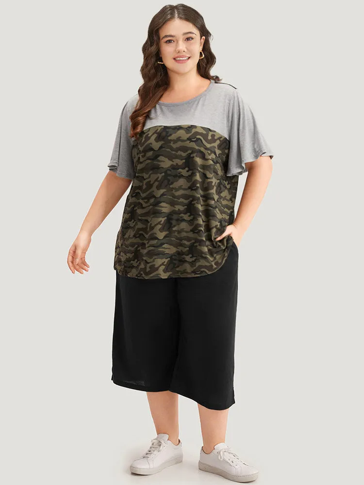 Camo Patchwork Round Neck Ruffle Sleeve T-shirt sold by Bloomchic product image thumbnail 2