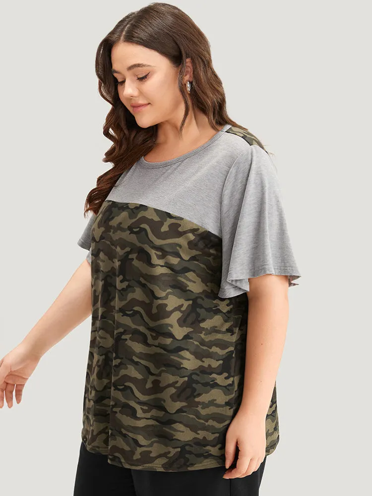 Camo Patchwork Round Neck Ruffle Sleeve T-shirt sold by Bloomchic product image thumbnail 3