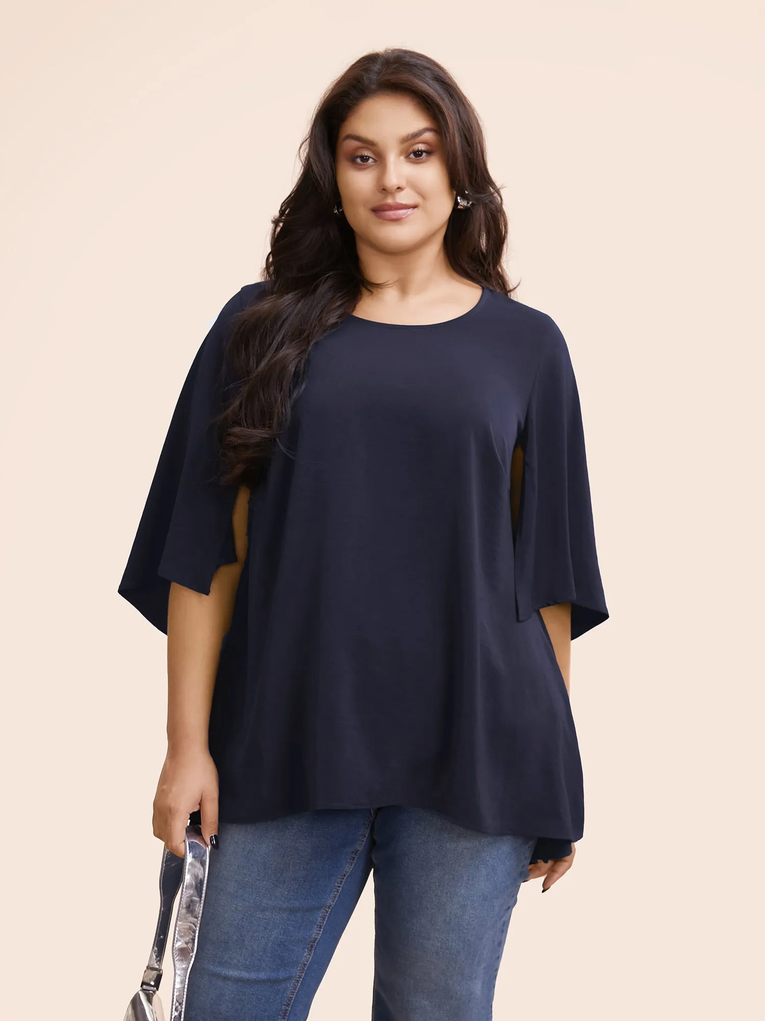 Plain Mesh Flutter Sleeve Hanky Hem Blouse sold by Bloomchic