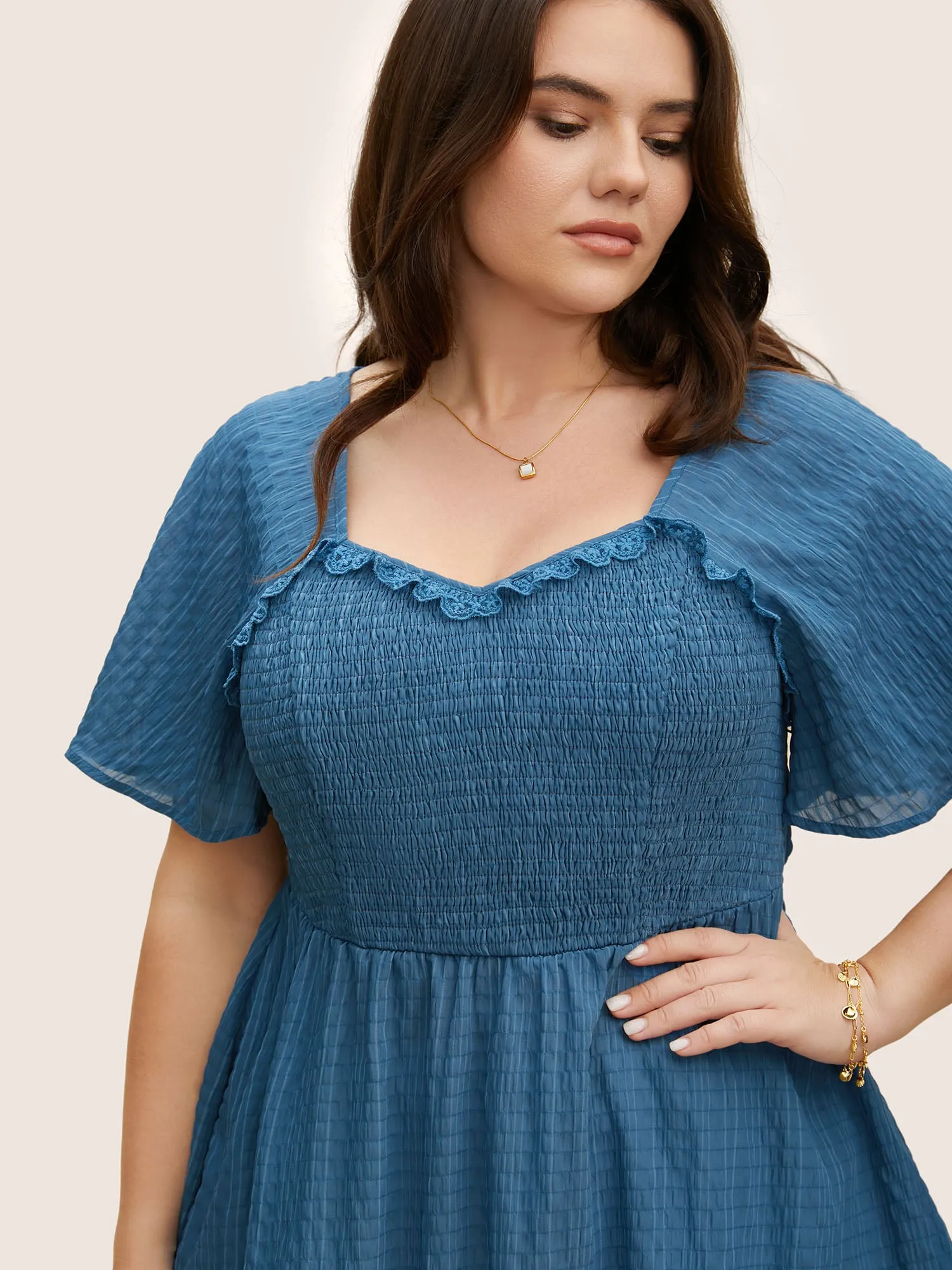 Plain Textured Frill Trim Ruffle Sleeve Blouse sold by Bloomchic product image thumbnail 3