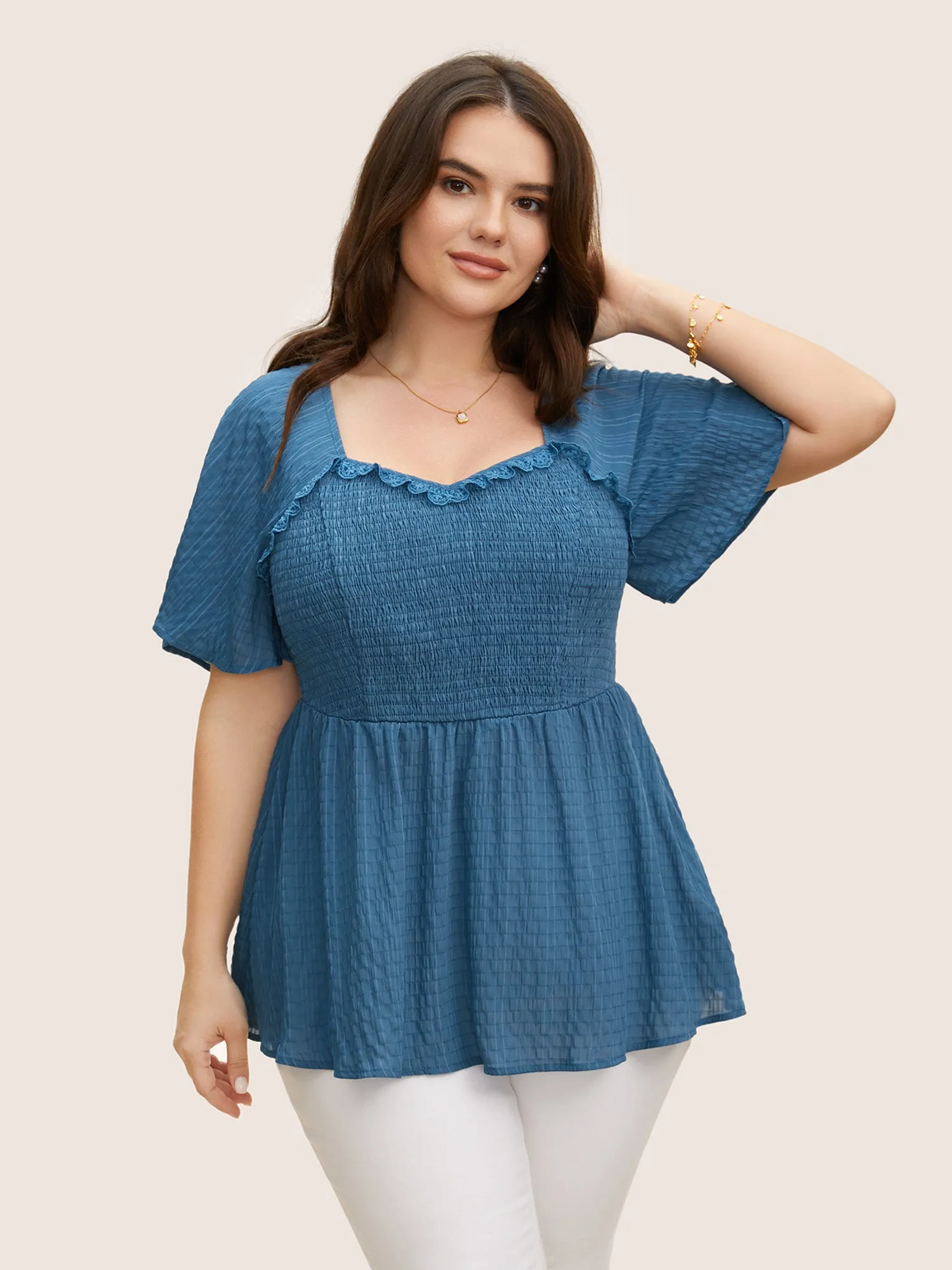 Plain Textured Frill Trim Ruffle Sleeve Blouse sold by Bloomchic