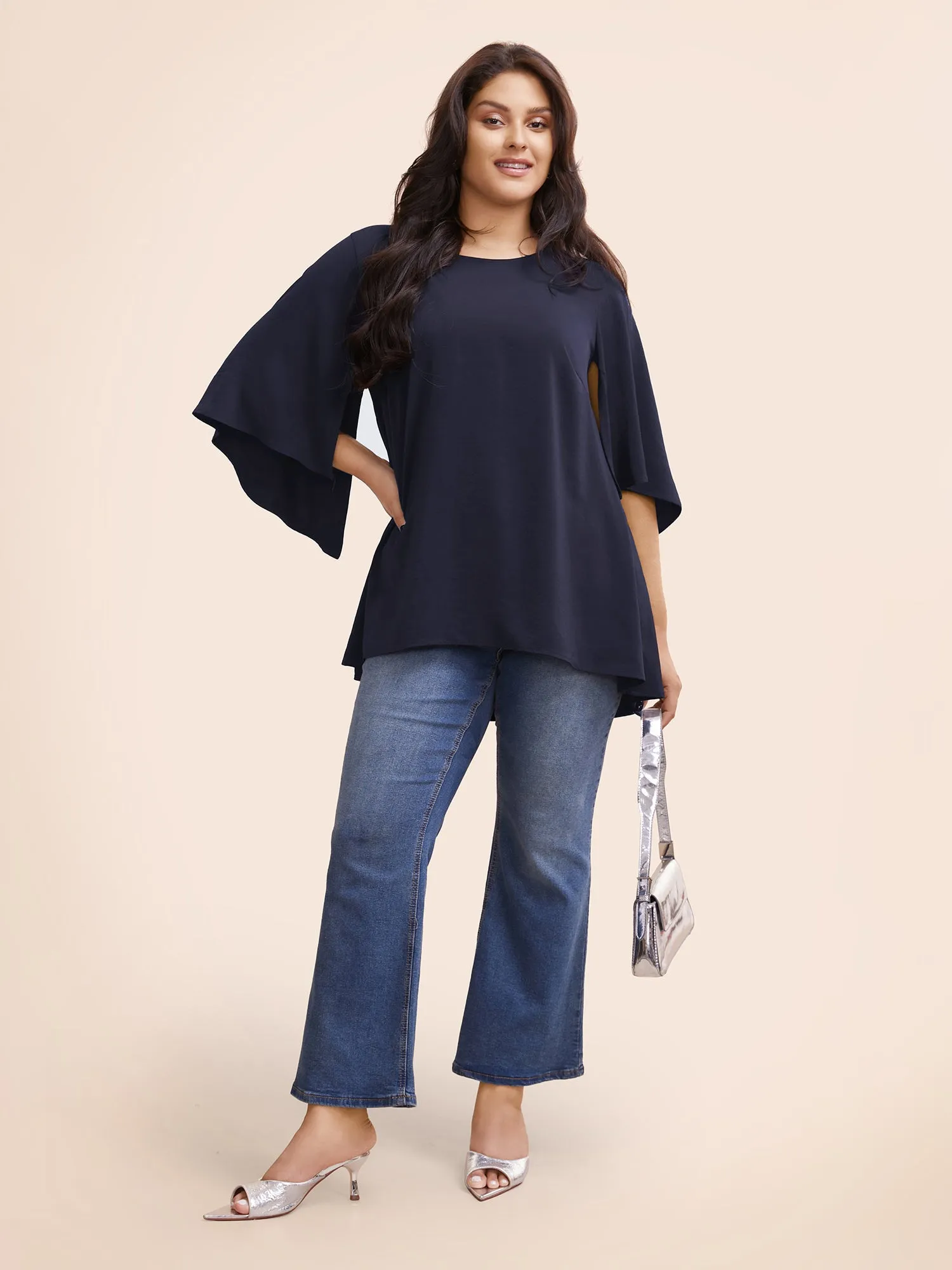 Plain Mesh Flutter Sleeve Hanky Hem Blouse sold by Bloomchic product image thumbnail 2