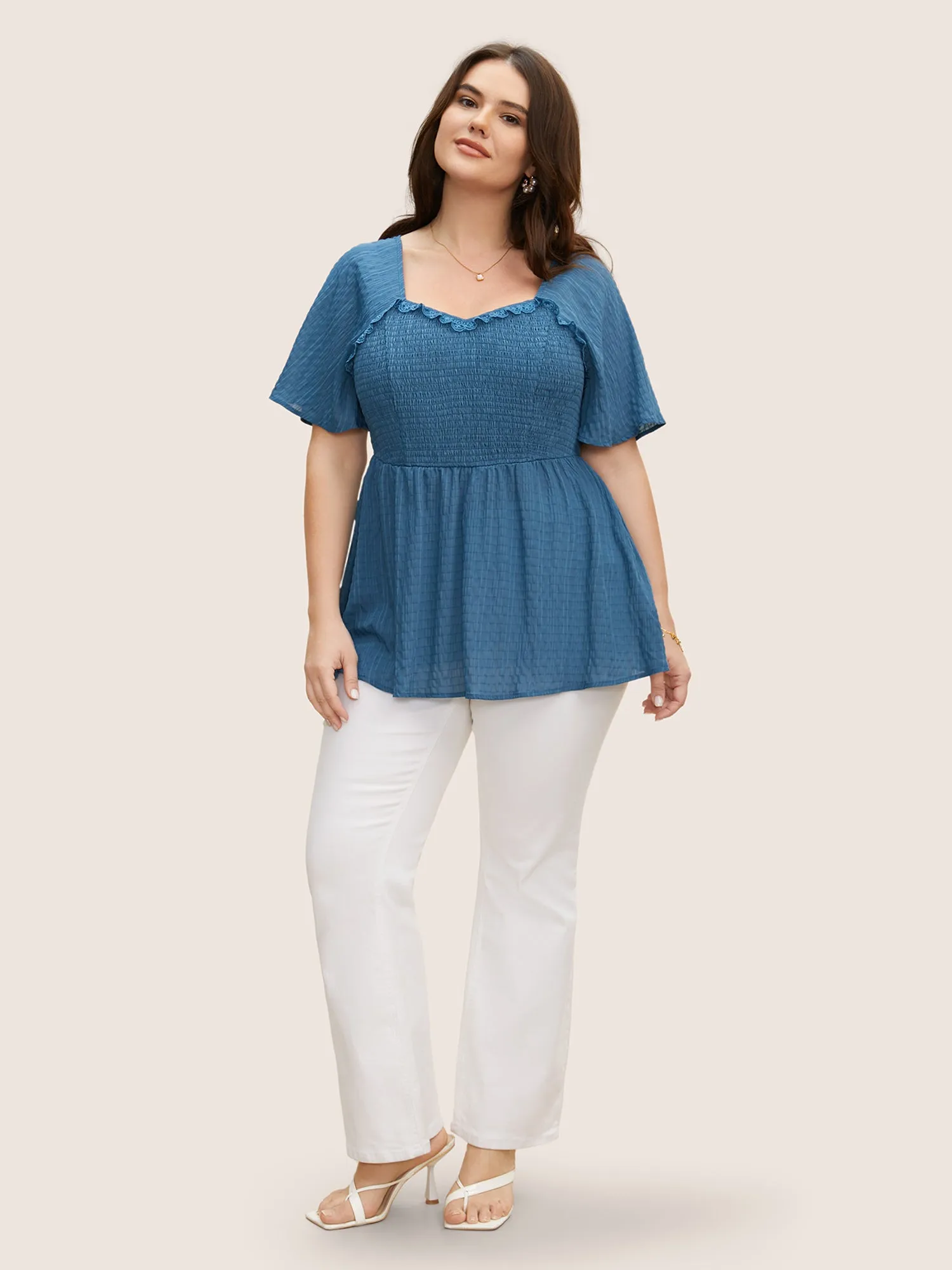 Plain Textured Frill Trim Ruffle Sleeve Blouse sold by Bloomchic product image thumbnail 2