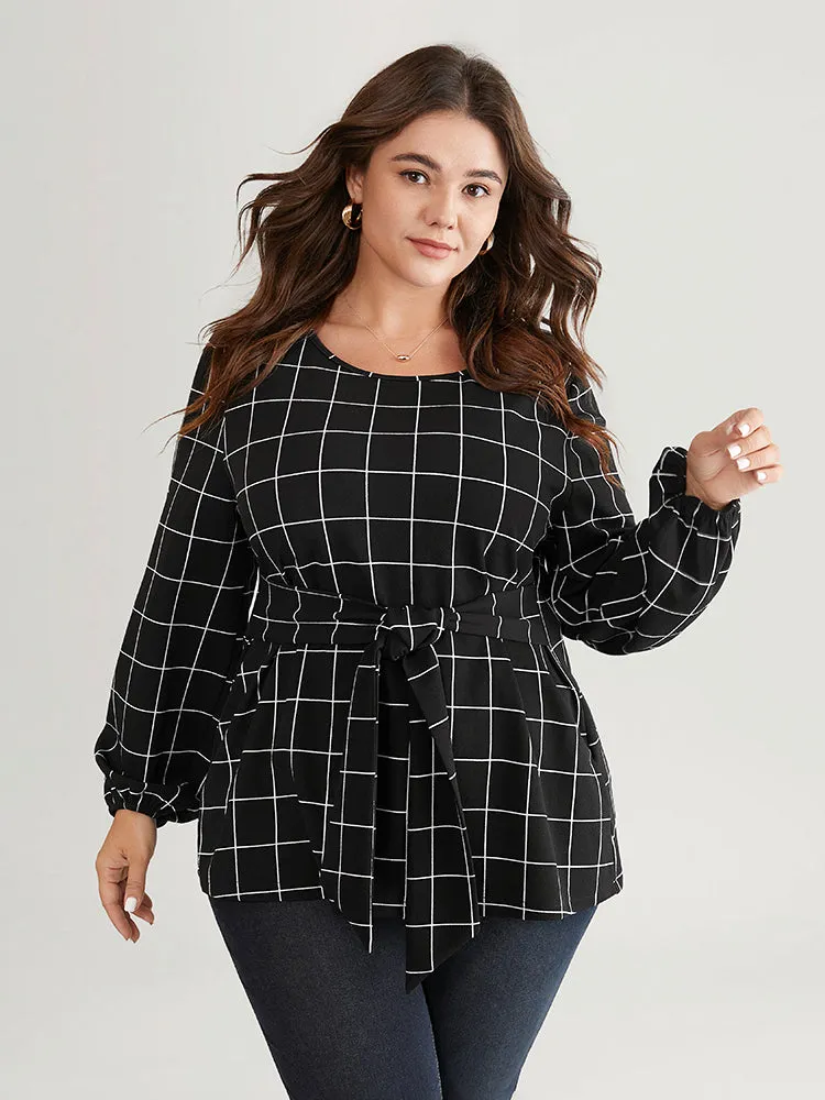 Plaid Ties Lantern Sleeve Crew Neck T-shirt sold by Bloomchic