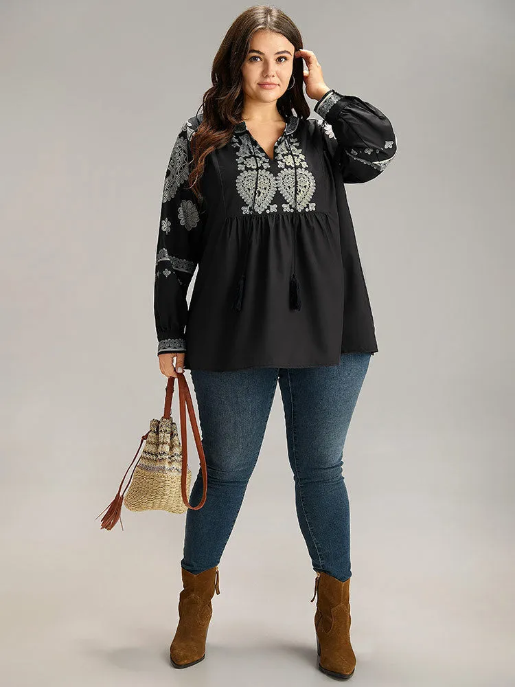 Boho Print Tie Neck Tassel Gathered Blouse sold by Bloomchic product image thumbnail 4