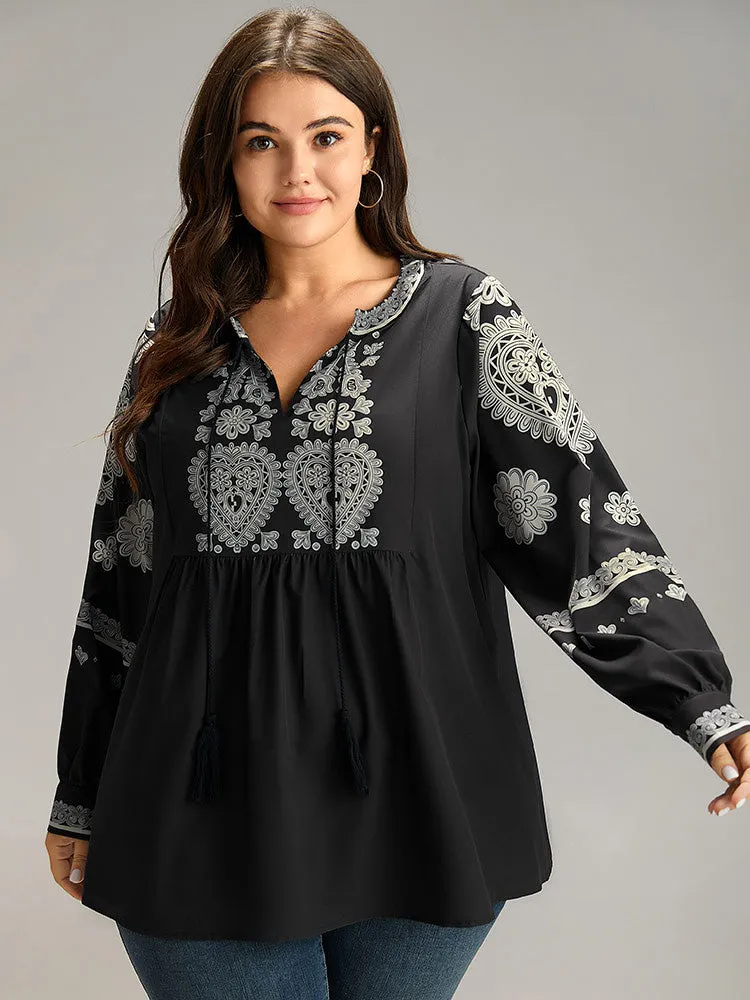 Boho Print Tie Neck Tassel Gathered Blouse sold by Bloomchic product image thumbnail 5