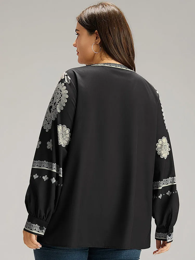 Boho Print Tie Neck Tassel Gathered Blouse sold by Bloomchic product image thumbnail 2