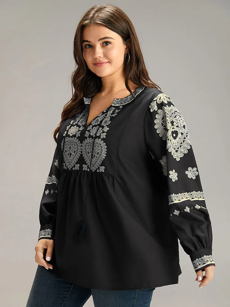 Boho Print Tie Neck Tassel Gathered Blouse sold by Bloomchic product image thumbnail 3