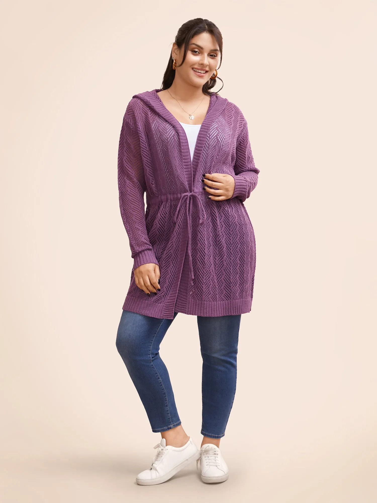 Plain Hooded Drawstring Drop Shoulder Cardigan sold by Bloomchic product image thumbnail 4