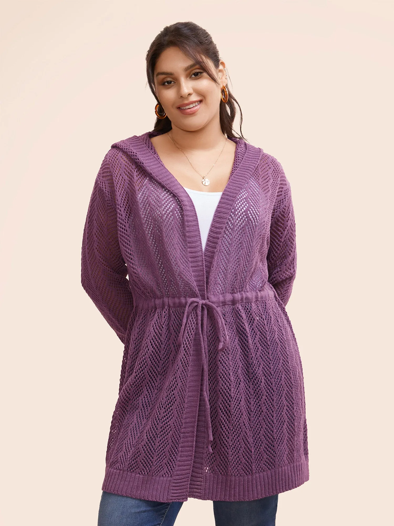 Plain Hooded Drawstring Drop Shoulder Cardigan sold by Bloomchic