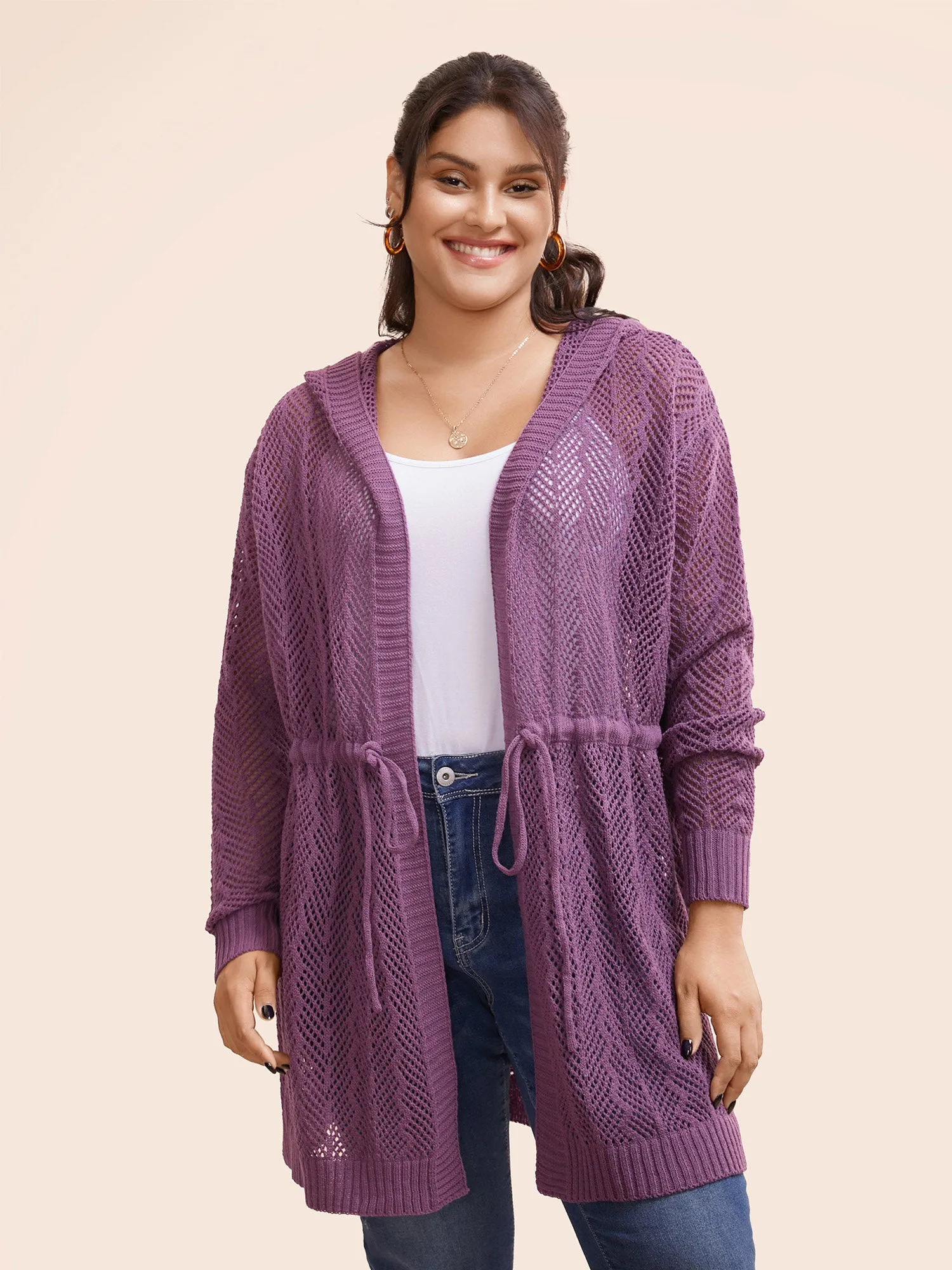 Plain Hooded Drawstring Drop Shoulder Cardigan sold by Bloomchic product image thumbnail 5