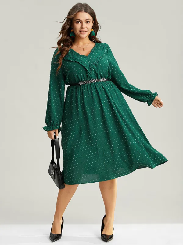 Solid Textured V Neck Lantern Sleeve Frill Trim Dress sold by Bloomchic