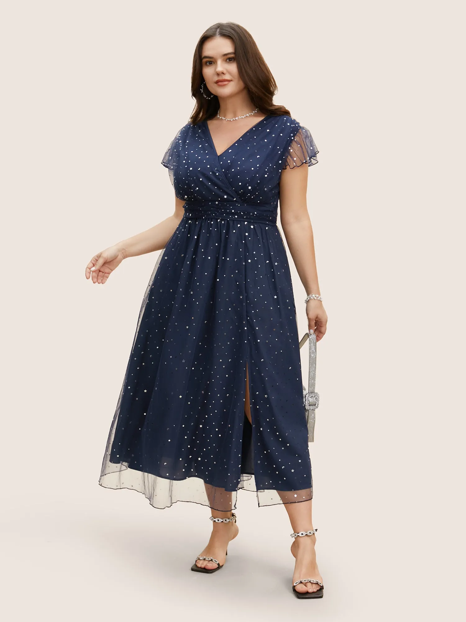 Sequin Mesh V Neck Ruffle Cap Sleeve Dress sold by Bloomchic product image thumbnail 2