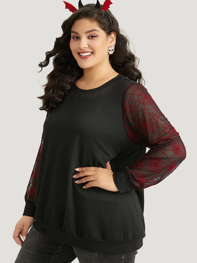 Halloween Spider Web Mesh Patchwork Round Neck Sweatshirt sold by Bloomchic product image thumbnail 4