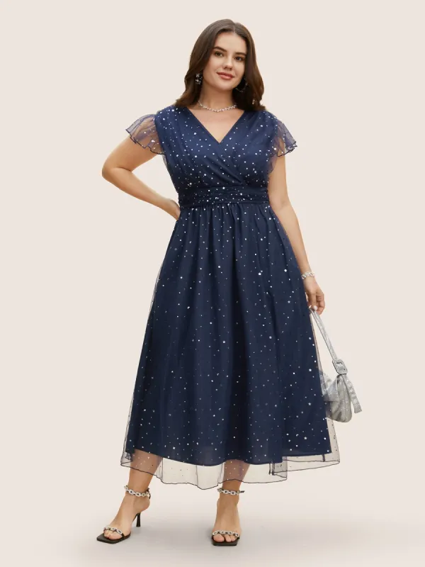 Sequin Mesh V Neck Ruffle Cap Sleeve Dress sold by Bloomchic