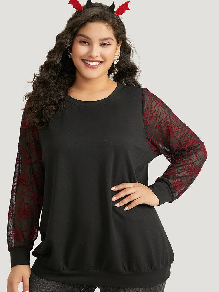 Halloween Spider Web Mesh Patchwork Round Neck Sweatshirt sold by Bloomchic