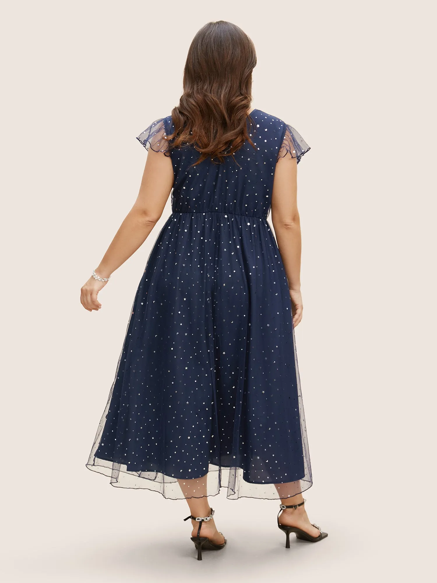 Sequin Mesh V Neck Ruffle Cap Sleeve Dress sold by Bloomchic product image thumbnail 3