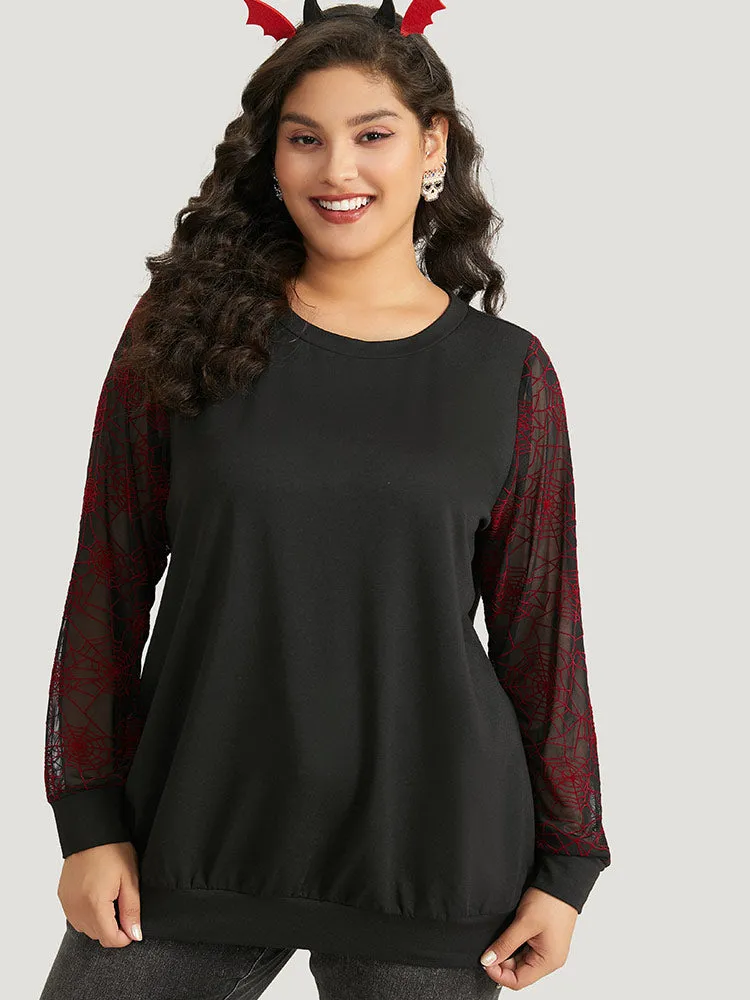 Halloween Spider Web Mesh Patchwork Round Neck Sweatshirt sold by Bloomchic product image thumbnail 2