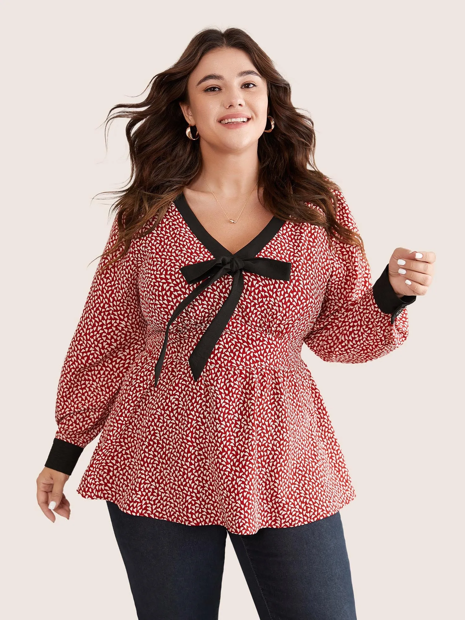 Heart Print Bowknot Elastic Waist Blouse sold by Bloomchic