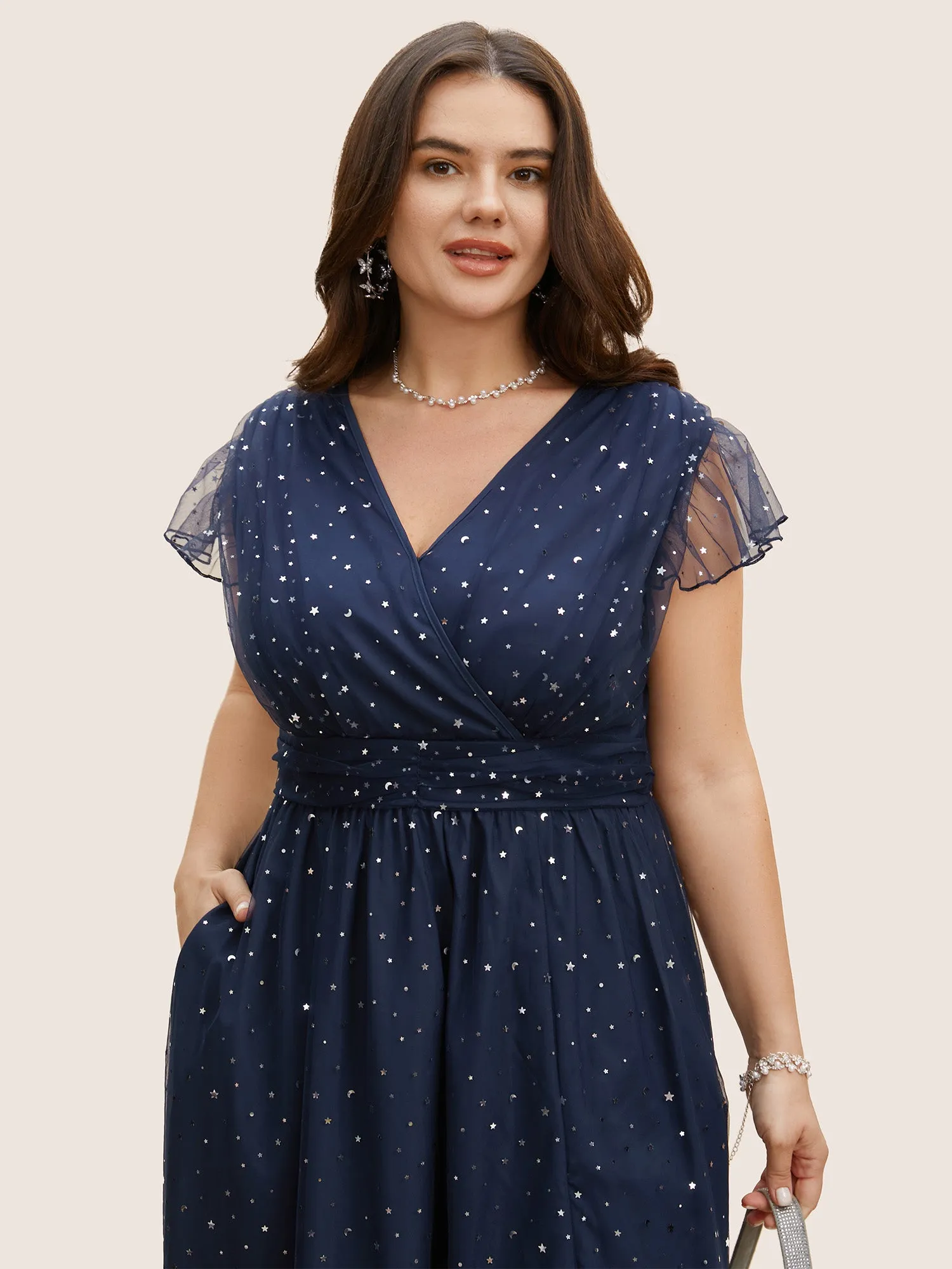 Sequin Mesh V Neck Ruffle Cap Sleeve Dress sold by Bloomchic product image thumbnail 4