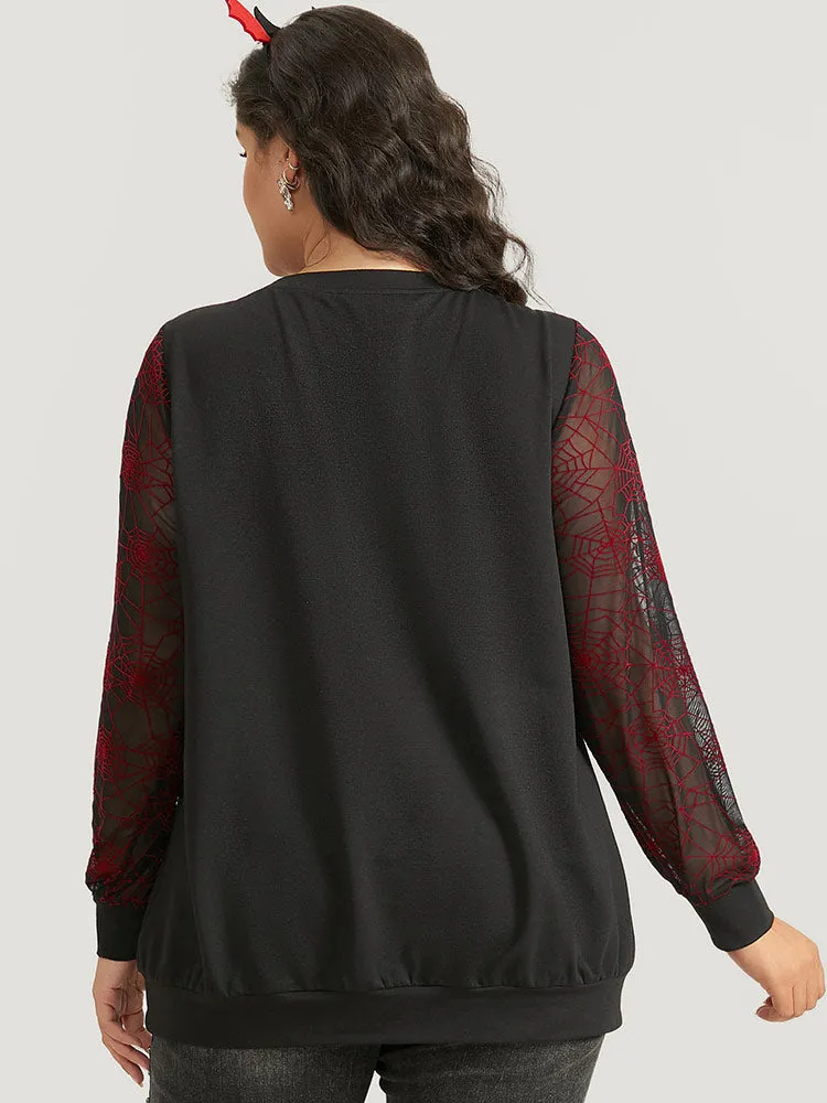 Halloween Spider Web Mesh Patchwork Round Neck Sweatshirt sold by Bloomchic product image thumbnail 3