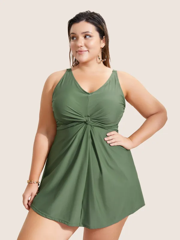 Plain Twist Front Gathered Swim Dress sold by Bloomchic