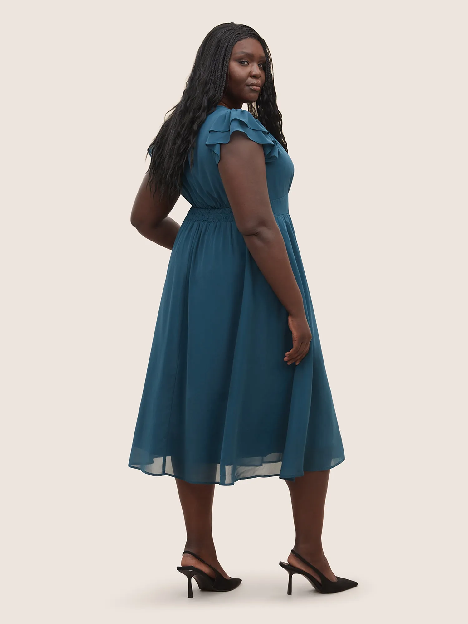 Chiffon Button Detail Tiered Ruffle Cap Sleeve Dress sold by Bloomchic product image thumbnail 3