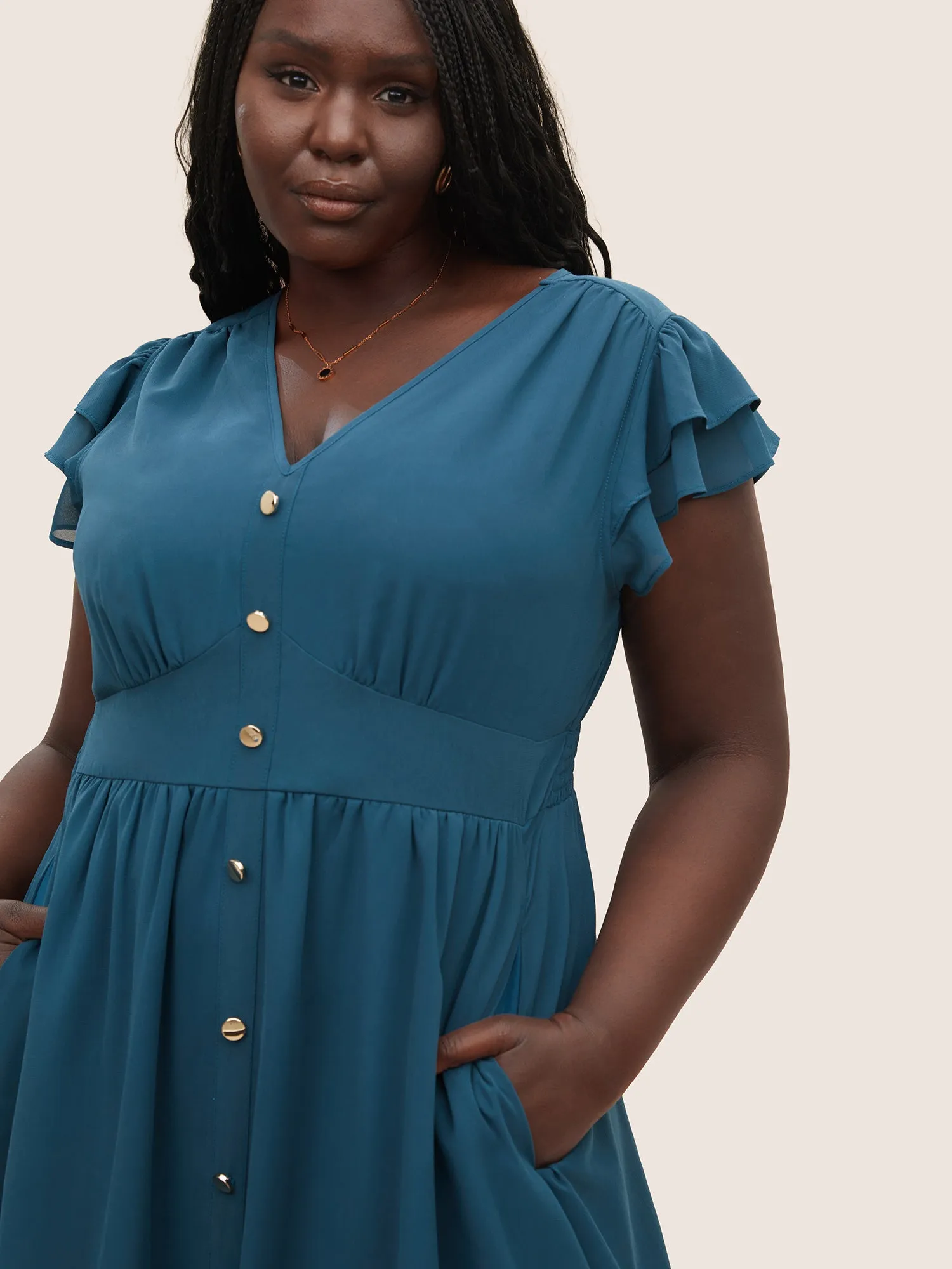 Chiffon Button Detail Tiered Ruffle Cap Sleeve Dress sold by Bloomchic product image thumbnail 4