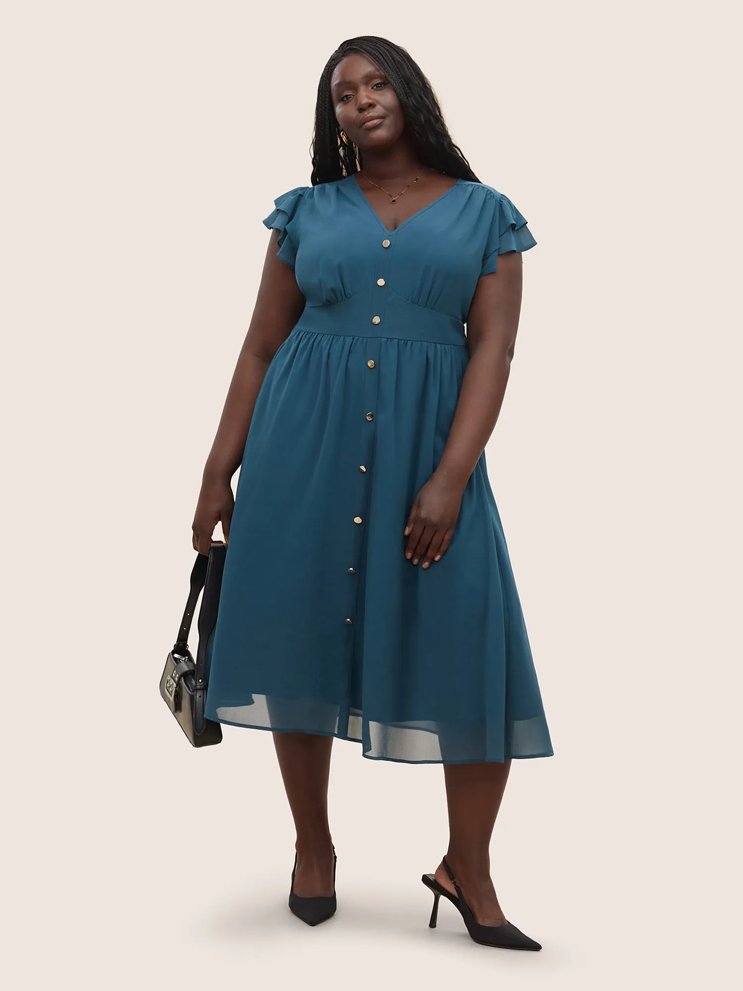 Chiffon Button Detail Tiered Ruffle Cap Sleeve Dress sold by Bloomchic