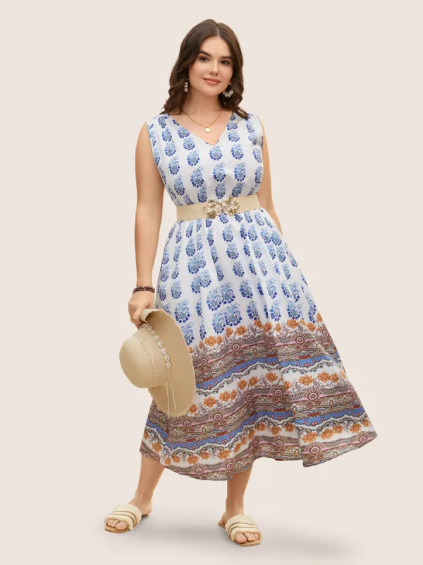 Bandana Print Elastic Waist Gathered Sleeveless Dress sold by Bloomchic