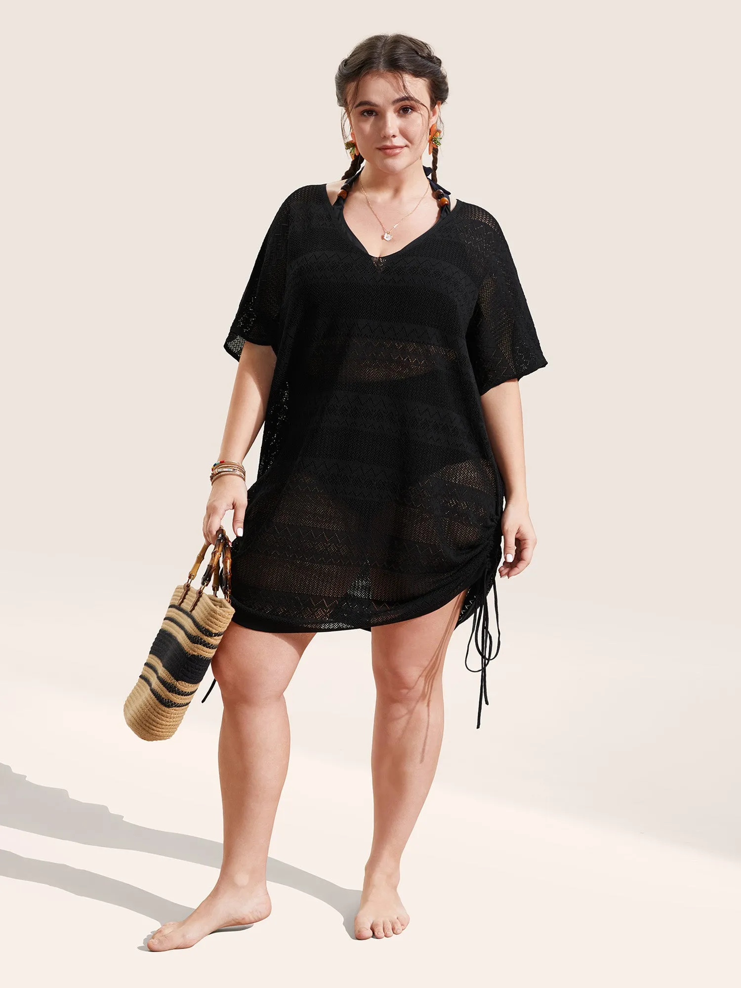 Deep V Neck Cut Out Drawstring Swim Cover Up sold by Bloomchic product image thumbnail 3