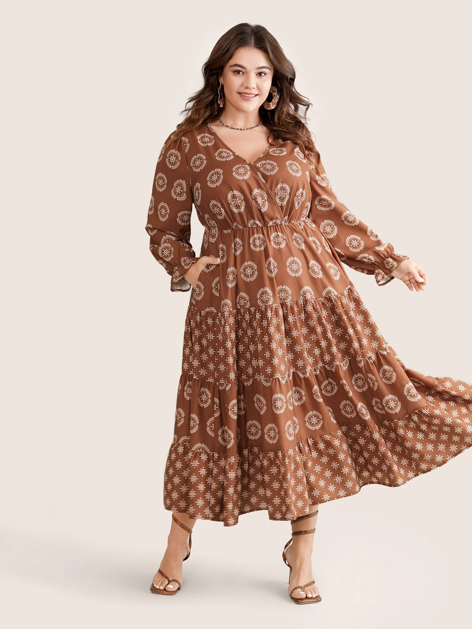 Geometric Wrap Ruffle Layered Hem Dress sold by Bloomchic