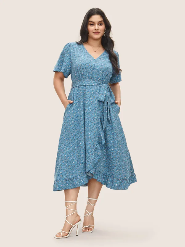 Ditsy Floral Overlap Collar Ruffles Belted Dress sold by Bloomchic