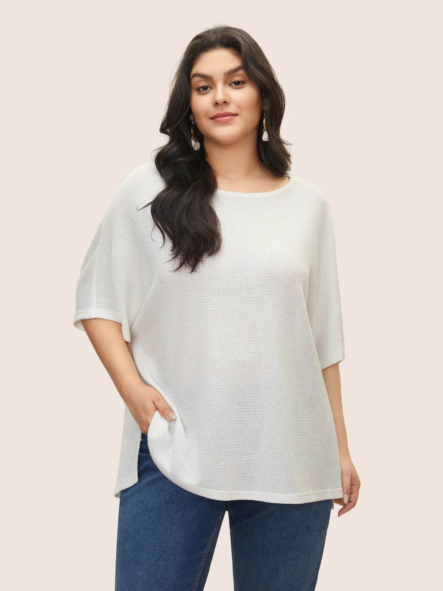 Plain Textured Dolman Sleeve Loose T-shirt sold by Bloomchic