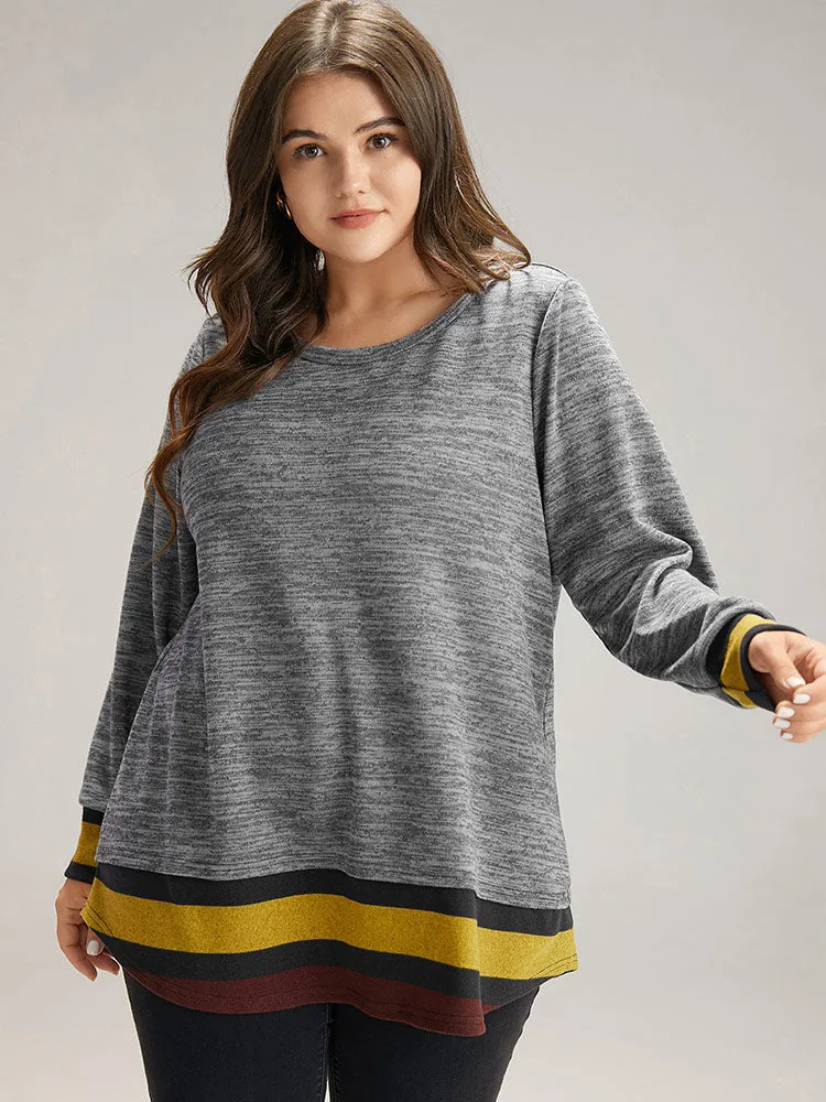Striped Heather Patchwork Curved Hem Sweatshirt sold by Bloomchic