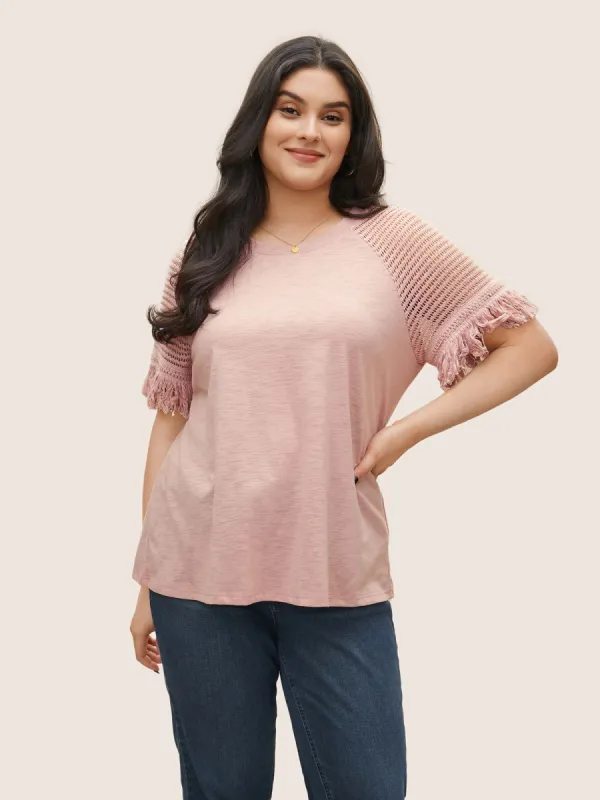 Solid Cut Out Raglan Sleeve Fuzzy Trim T-shirt sold by Bloomchic