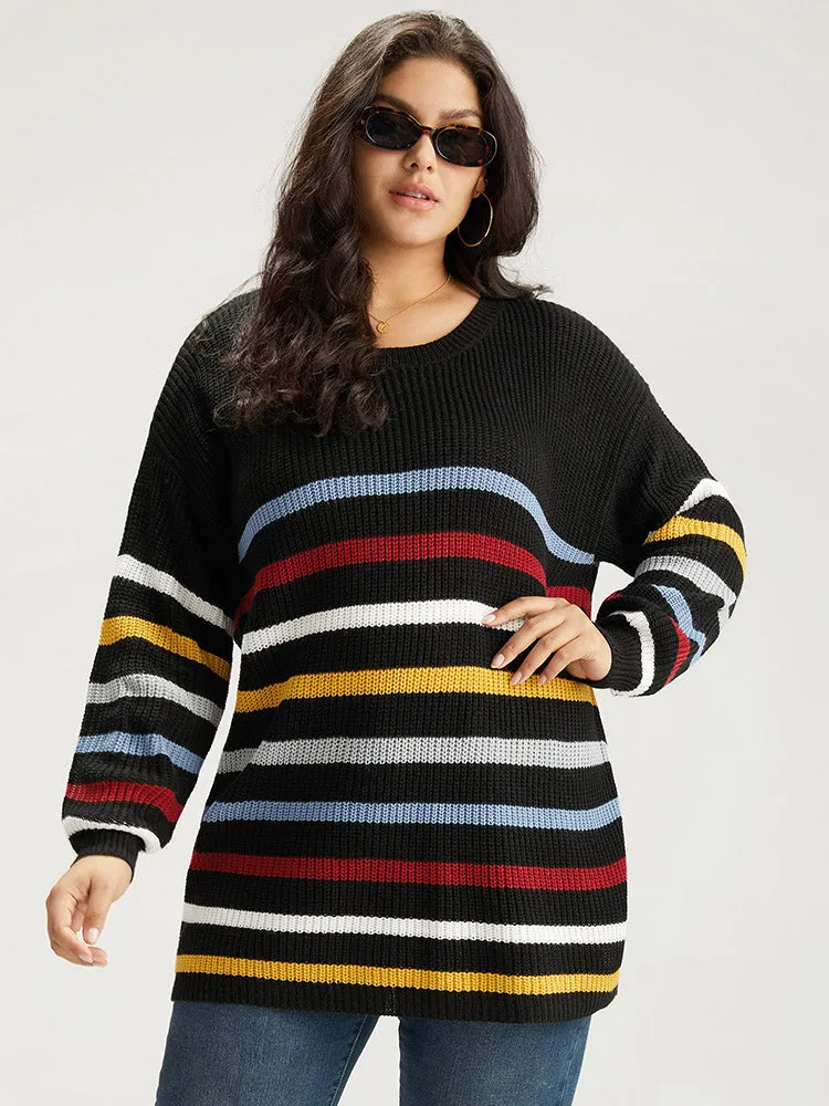 Rainbow Striped Drop Shoulder Lantern Sleeve Pullover sold by Bloomchic
