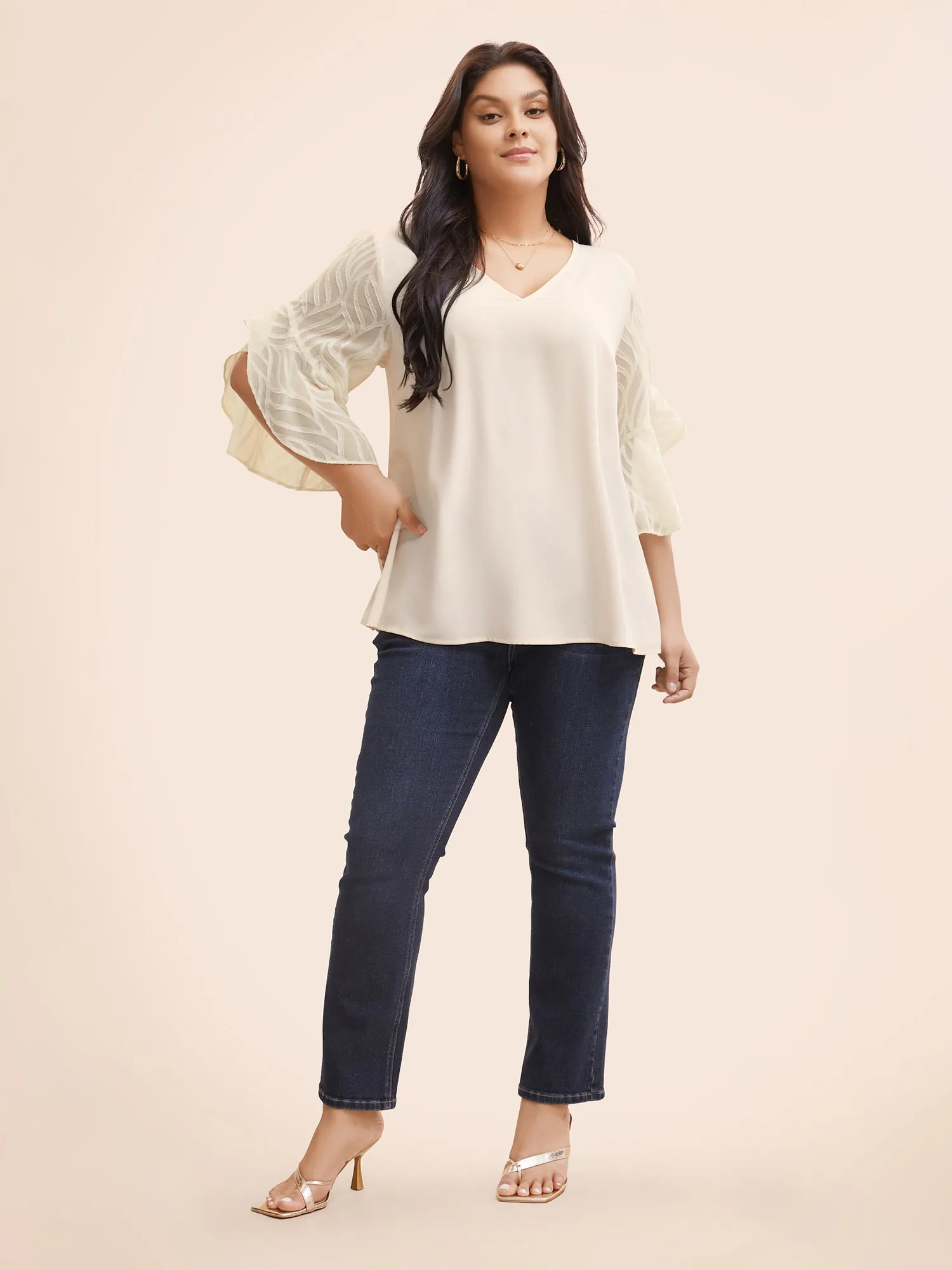 V Neck Mesh Patchwork Flutter Sleeve Blouse sold by Bloomchic product image thumbnail 2