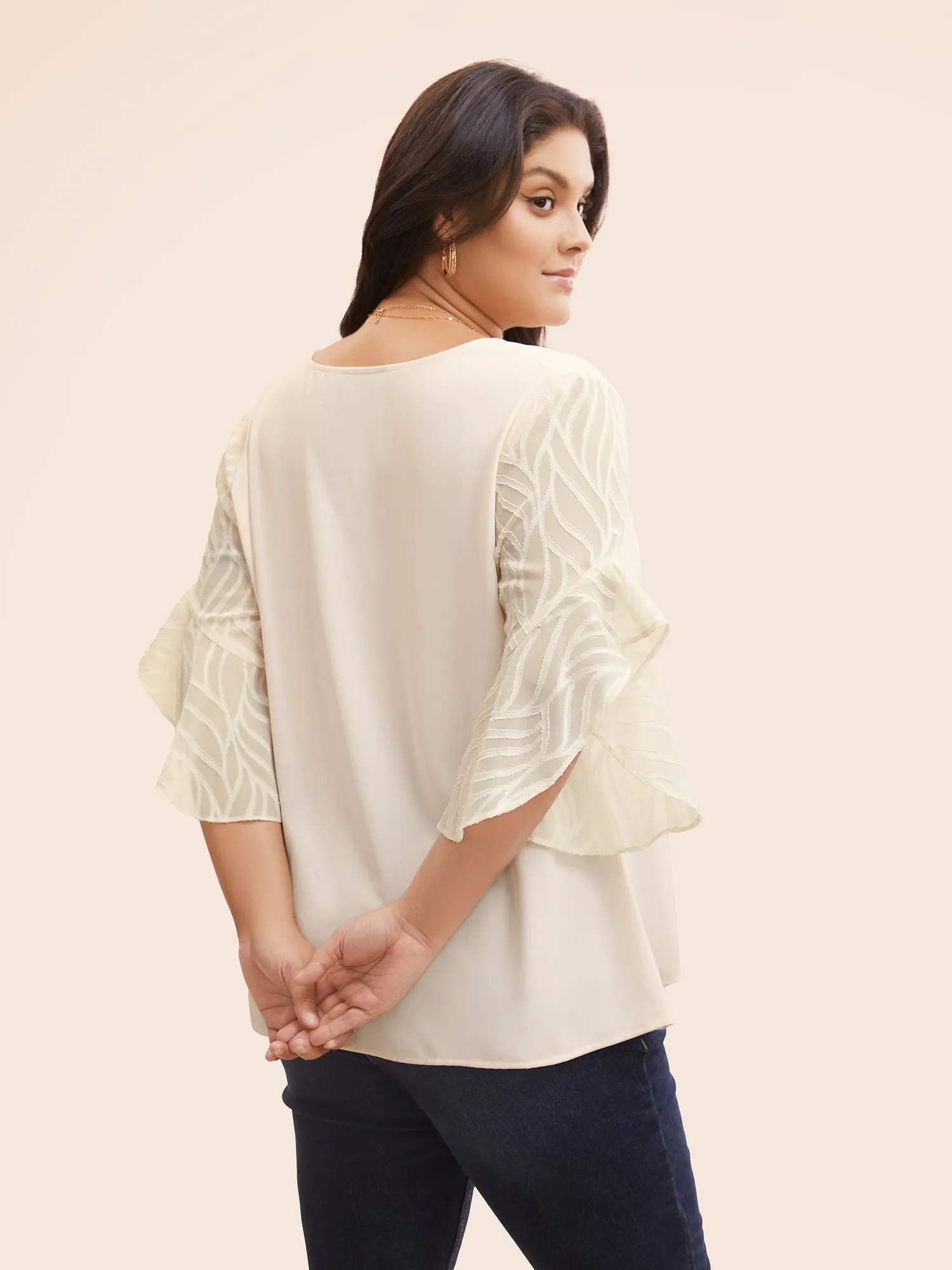 V Neck Mesh Patchwork Flutter Sleeve Blouse sold by Bloomchic product image thumbnail 4