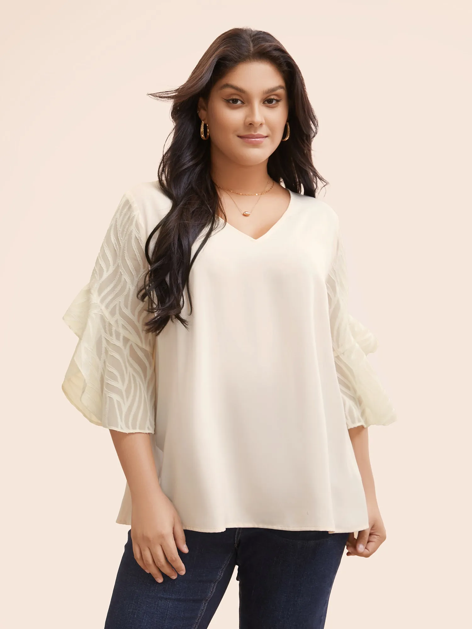 V Neck Mesh Patchwork Flutter Sleeve Blouse sold by Bloomchic