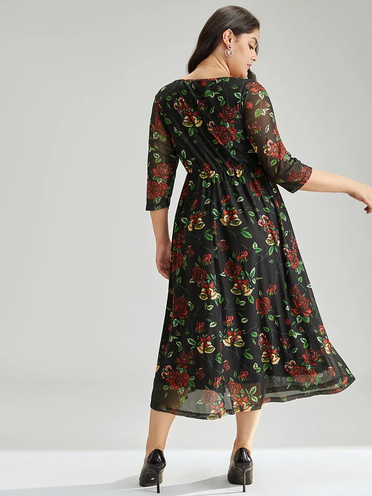 Floral Square Neck Mesh Gathered Dress sold by Bloomchic product image thumbnail 4