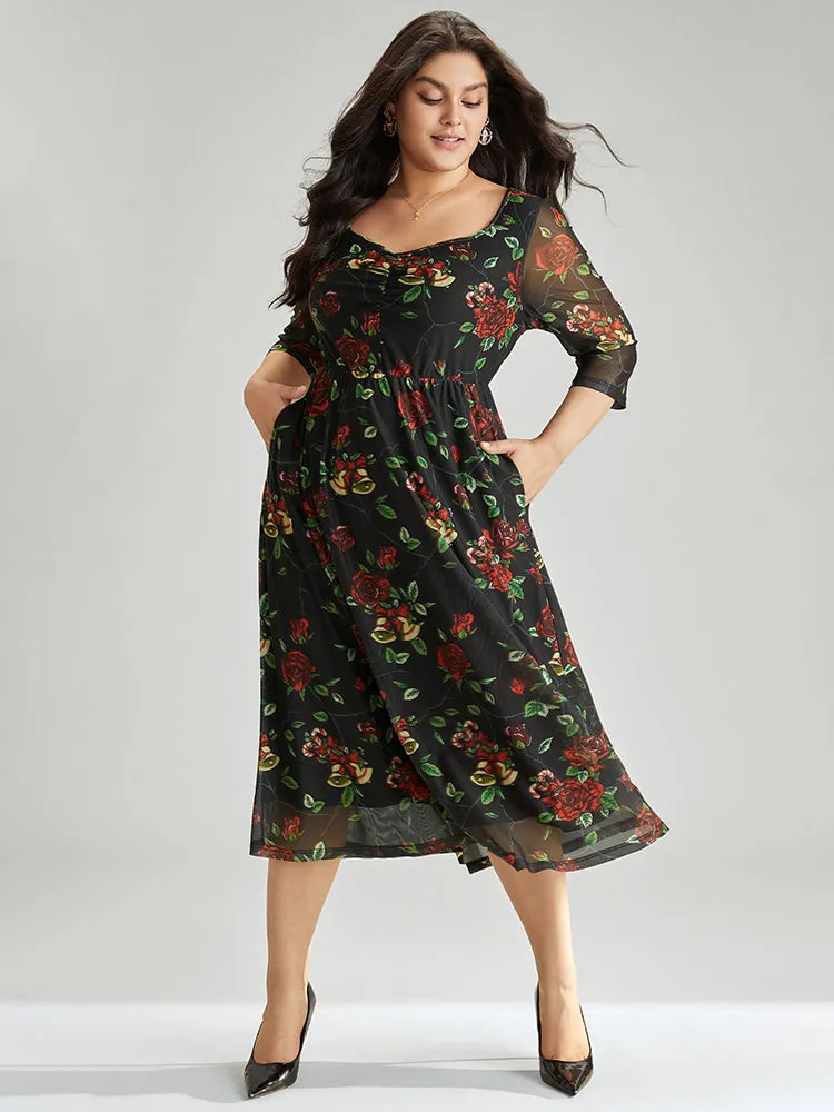 Floral Square Neck Mesh Gathered Dress sold by Bloomchic