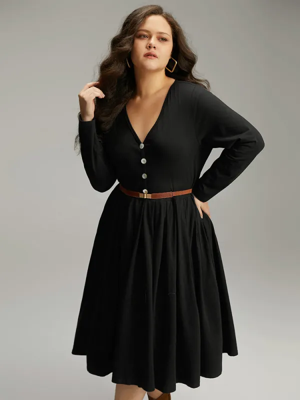 Cotton Solid Button Detail Pocket Pleated Dress sold by Bloomchic