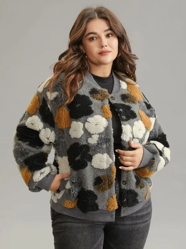 Floral Contrast Button Up Jacquard Fluffy Jacket sold by Bloomchic