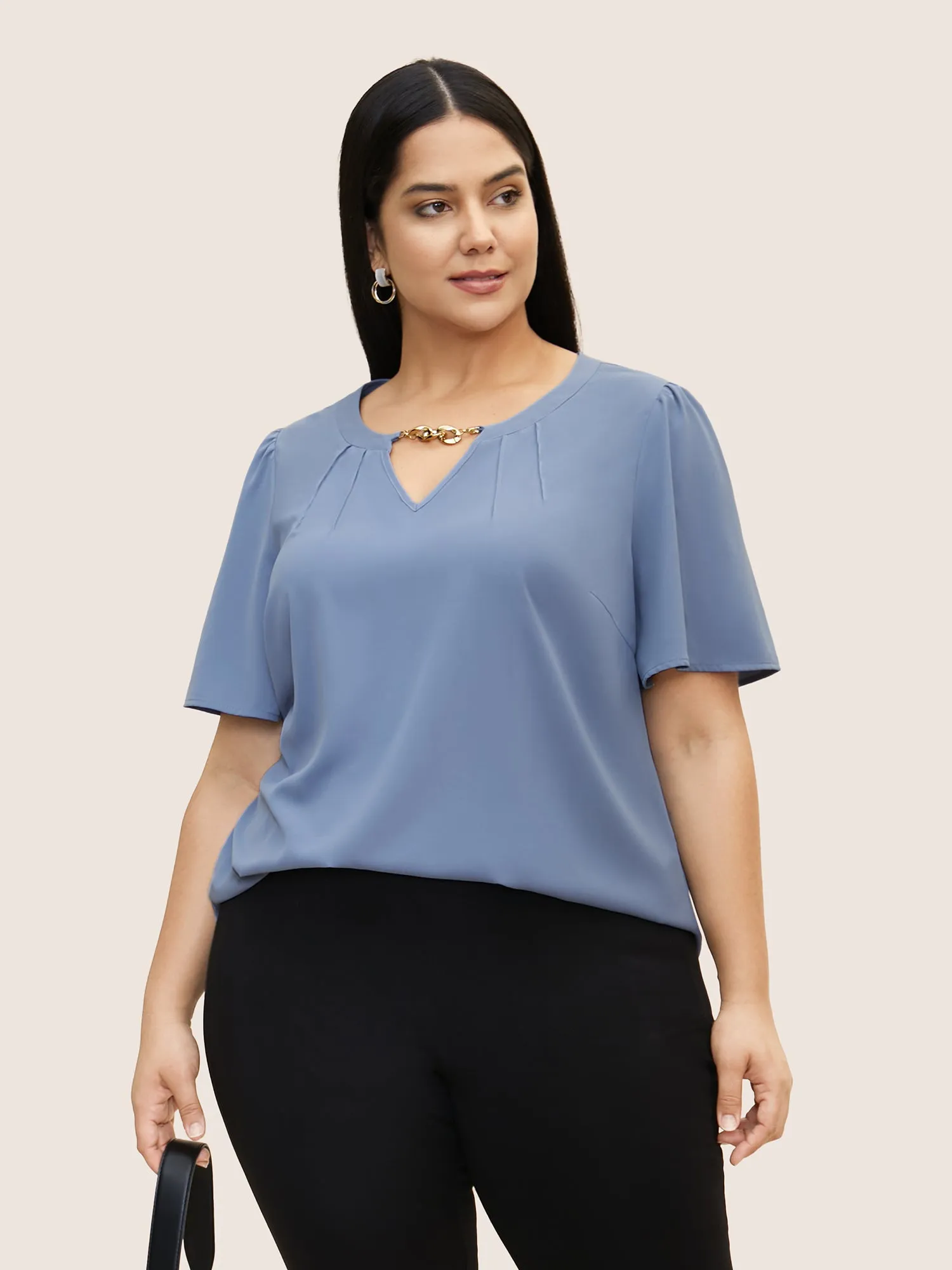 Keyhole Metal Chain Detail Ruffle Sleeve Blouse sold by Bloomchic