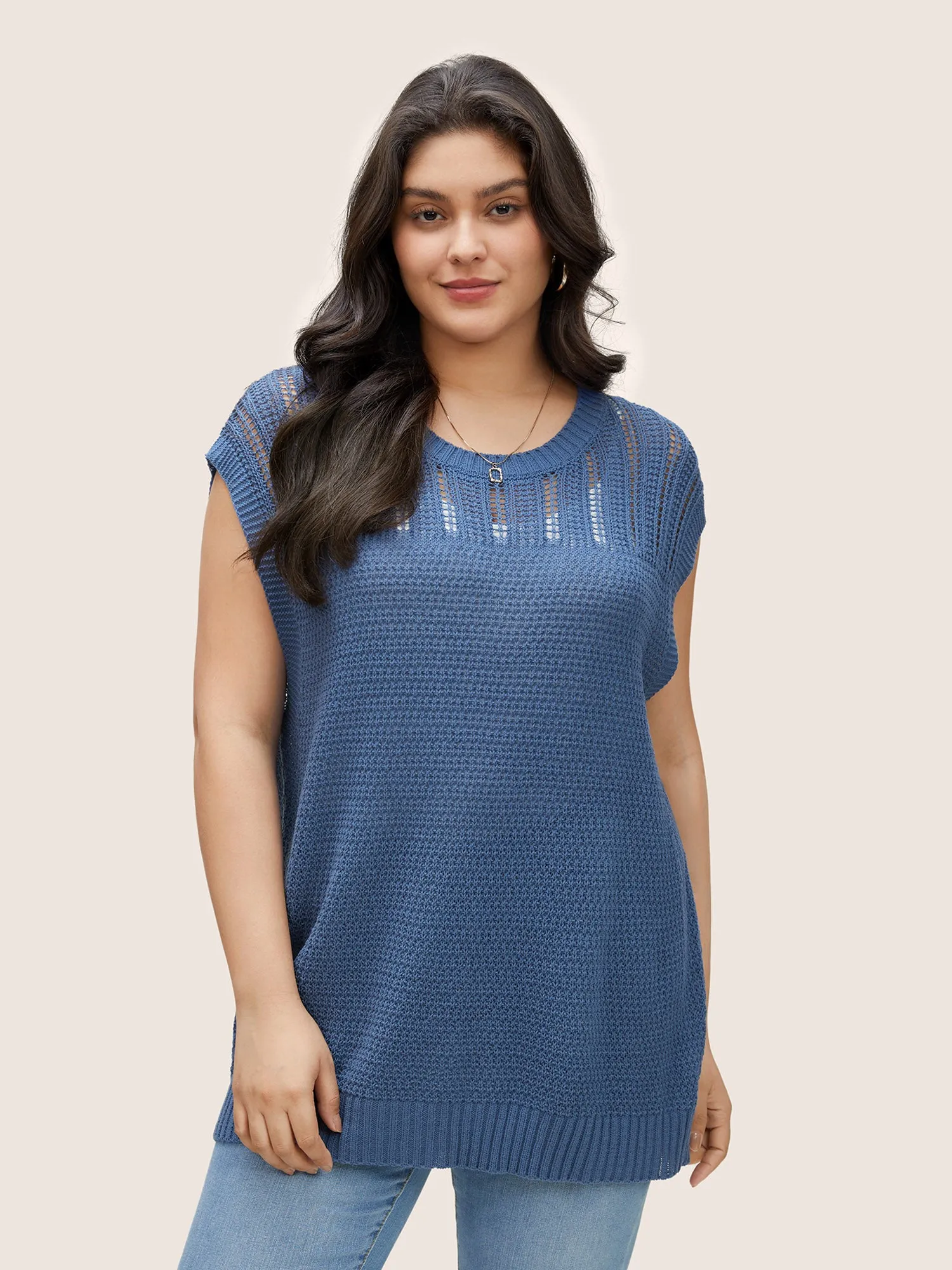 Solid Texture Pointelle Knit Sweater Vest sold by Bloomchic