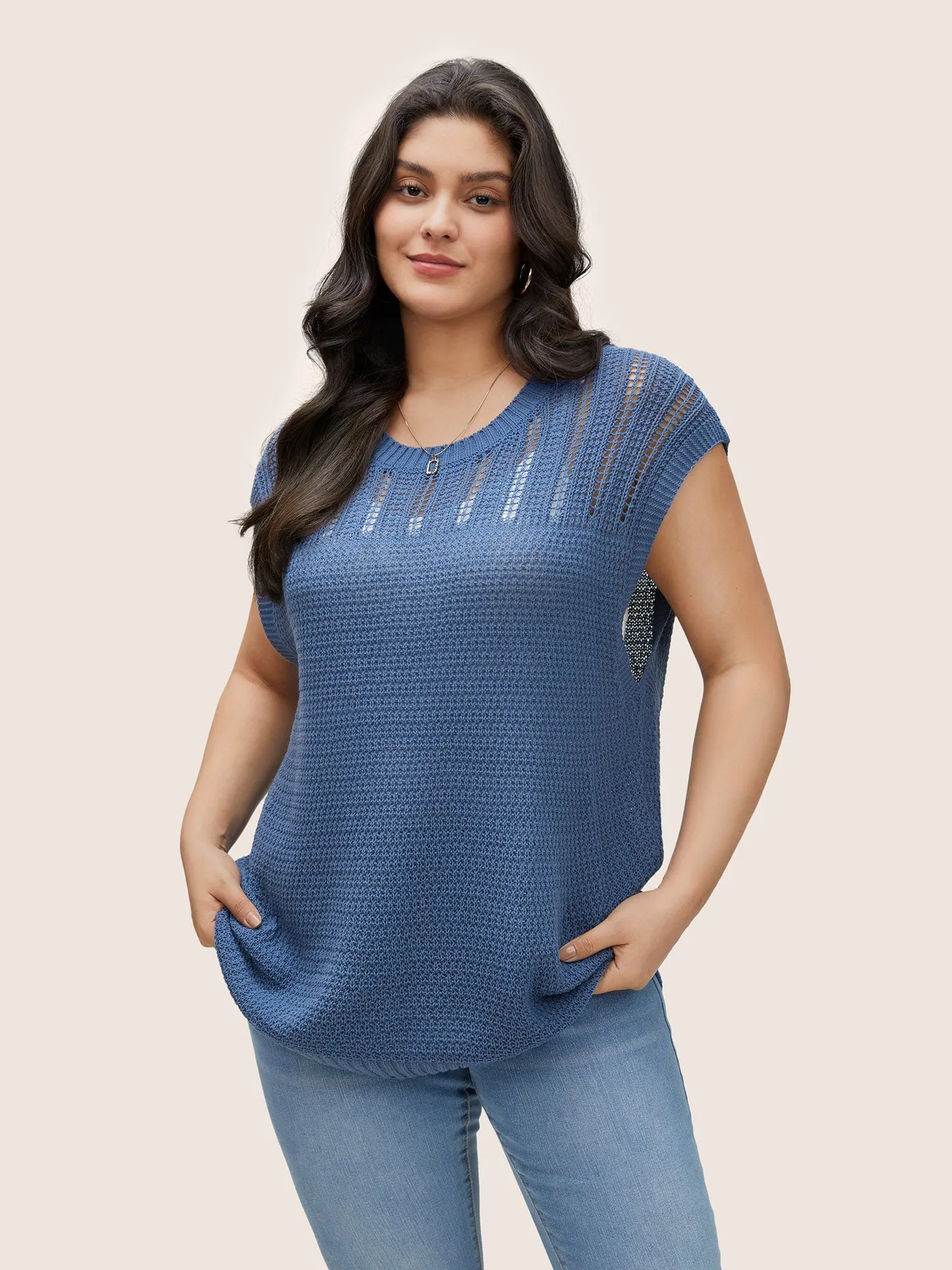 Solid Texture Pointelle Knit Sweater Vest sold by Bloomchic product image thumbnail 4