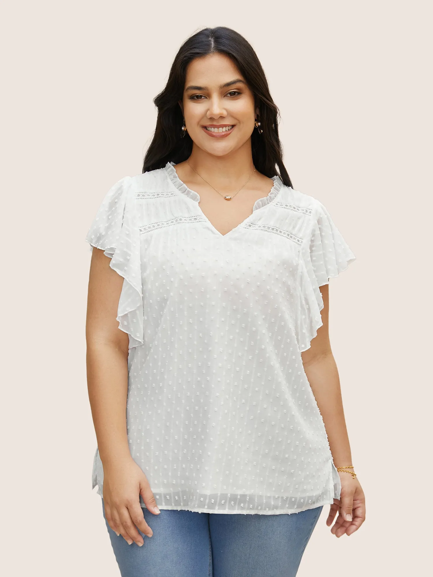 Plain Textured Chiffon Ruffle Cap Sleeve Blouse sold by Bloomchic