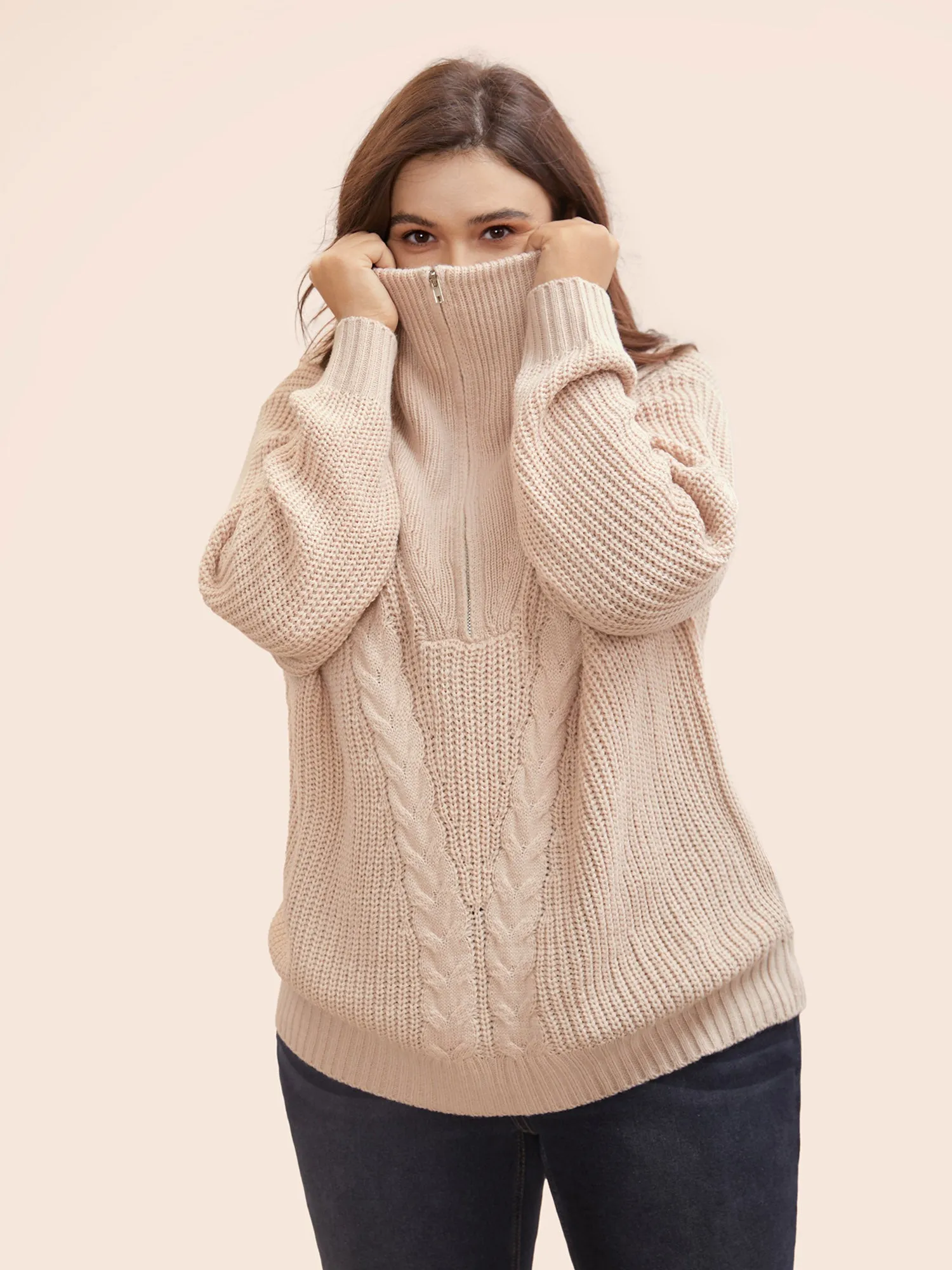 Lapel Collar Half Zip Cable Knit Pullover sold by Bloomchic product image thumbnail 5