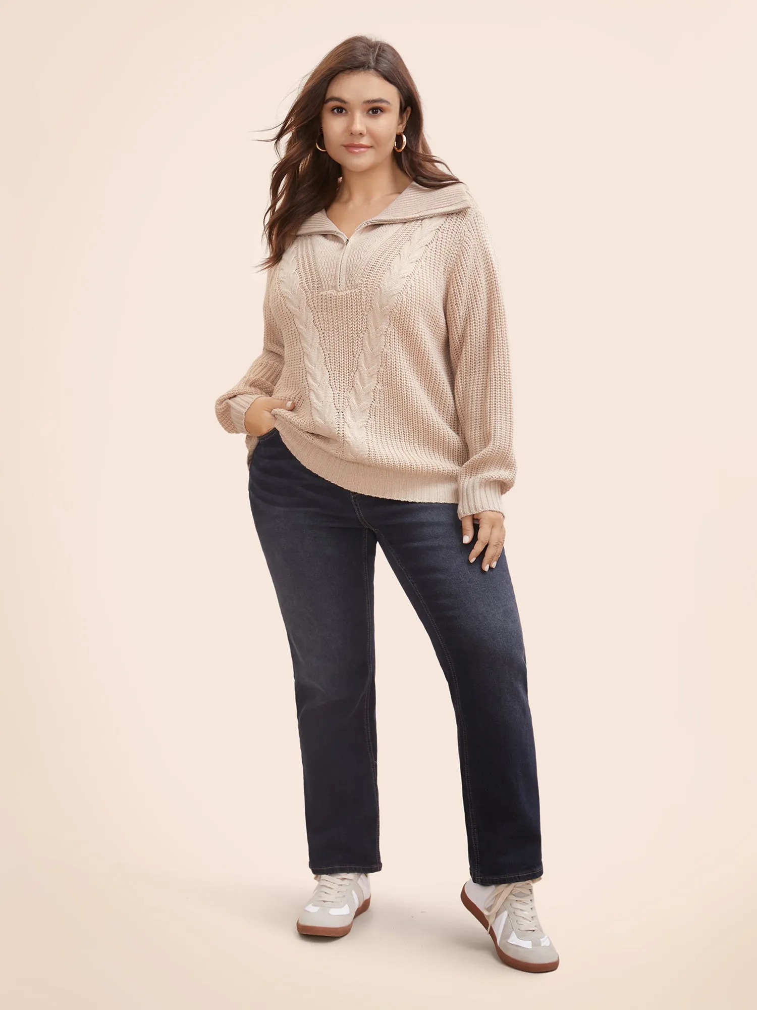 Lapel Collar Half Zip Cable Knit Pullover sold by Bloomchic product image thumbnail 4